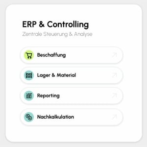 Illustration: ERP-Modul in conmeet mit Beschaffung, Lager & Material, Reporting und Nachkalkulation
