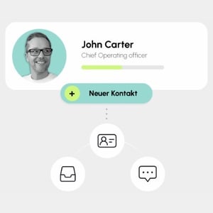 Illustration: Kontaktkarte eines Mitarbeiters in conmeet, verbunden mit Posteingang und Chat – Kommunikation direkt am Kontakt