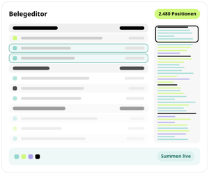 Belegeditor in conmeet mit 2.480 Positionen: Positionsliste mit Titeln, Artikelgruppen und Positionen, Übersicht rechts und Summen live am Fuß