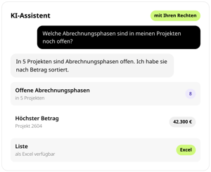 KI-Assistent in conmeet mit Rechten der angemeldeten Person: Frage nach offenen Abrechnungsphasen, Antwort mit 8 offenen Phasen in 5 Projekten, höchster Betrag 42.300 € in Projekt 2604, Liste als Excel