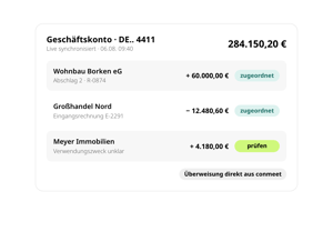Geschäftskonto in conmeet, live synchronisiert: Kontostand 284.150,20 € und Zahlungen von Wohnbau Borken eG, Großhandel Nord und Meyer Immobilien, automatisch offenen Rechnungen zugeordnet oder zur Prüfung markiert