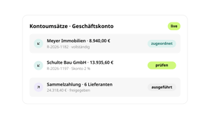 Kontoumsätze des Geschäftskontos in conmeet: Zahlungseingang von Meyer Immobilien vollständig zugeordnet, Zahlung von Schulte Bau GmbH mit Skontoabzug zur Prüfung markiert und eine ausgeführte Sammelzahlung an 6 Lieferanten