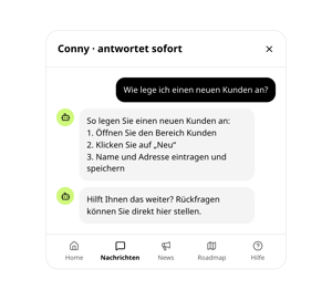 Chat mit Conny in conmeet: Auf die Frage „Wie lege ich einen neuen Kunden an?“ antwortet der KI-Support-Agent mit drei Schritten und bietet Rückfragen direkt im Chat an