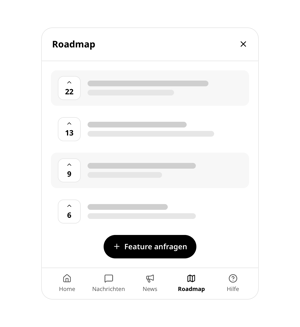 Roadmap im Support-Fenster von conmeet: Feature-Wünsche nach Stimmen sortiert (22, 13, 9 und 6 Stimmen) mit Button „Feature anfragen“