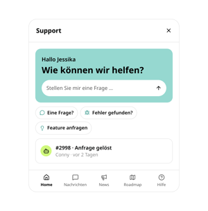 Support-Fenster in conmeet: Fragefeld „Wie können wir helfen?“, Schnellwahl für Frage, Fehler und Feature-Anfrage sowie die gelöste Anfrage #2998 im Verlauf