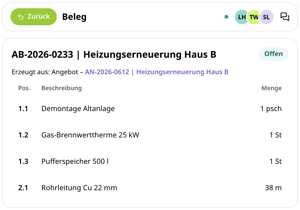 Auftragsbestätigung AB-2026-0233 Heizungserneuerung Haus B in conmeet, gleichzeitig von drei Personen (LH, TW, SL) geöffnet: Positionen von Demontage Altanlage bis Rohrleitung Cu 22 mm