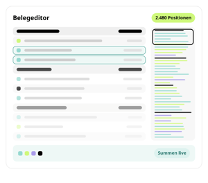 Belegeditor in conmeet mit 2.480 Positionen, Positionsliste mit Titeln, Miniaturansicht und Summen live