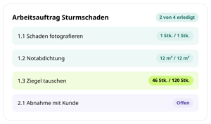 Arbeitsauftrag Sturmschaden in conmeet: Checkliste mit Schaden fotografieren, Notabdichtung, Ziegel tauschen und Abnahme mit Kunde, 2 von 4 erledigt
