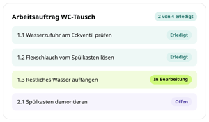 Arbeitsauftrag WC-Tausch in conmeet mit vier Arbeitsanweisungen: zwei erledigt, eine in Bearbeitung, eine offen
