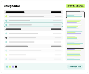Belegeditor in conmeet mit 2.480 Positionen: Positionsliste mit Titeln, Artikelgruppen und Positionen, Übersicht rechts und Summen live am Fuß