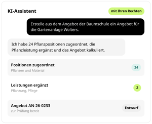KI-Assistent in conmeet mit Rechten der angemeldeten Person: Auftrag, aus dem Angebot der Baumschule ein Angebot für die Gartenanlage Wolters zu erstellen, 24 Pflanzpositionen zugeordnet, 2 Leistungen ergänzt, Angebot AN-26-0233 als Entwurf