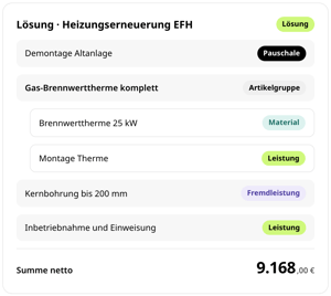 Lösung Heizungserneuerung EFH in conmeet: Demontage Altanlage als Pauschale, Gas-Brennwerttherme komplett als Artikelgruppe mit Material und Leistung, Kernbohrung als Fremdleistung, Inbetriebnahme und Summe netto 9.168,00 €