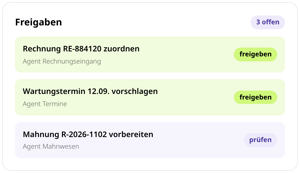 Freigaben in conmeet: drei offene Vorschläge der Agenten, Rechnung RE-884120 zuordnen, Wartungstermin 12.09. vorschlagen und Mahnung R-2026-1102 vorbereiten