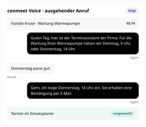 Ausgehender Anruf mit conmeet Voice: Der Agent stimmt mit Familie Kruse einen Wartungstermin für die Wärmepumpe ab, Donnerstag 14 Uhr ist im Einsatzplaner vorgemerkt