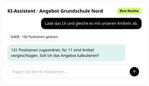 KI-Assistent im Angebot Grundschule Nord: GAEB-Datei mit 142 Positionen gelesen, 131 Positionen den eigenen Artikeln zugeordnet und für 11 Positionen Artikel vorgeschlagen