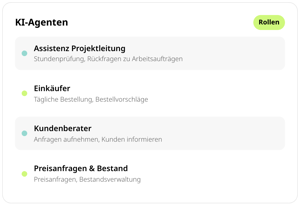KI-Agenten in conmeet mit ihren Rollen: Assistenz Projektleitung für Stundenprüfung und Rückfragen zu Arbeitsaufträgen, Einkäufer für tägliche Bestellung und Bestellvorschläge, Kundenberater für Anfragen und Kundeninformation, Preisanfragen & Bestand für Preisanfragen und Bestandsverwaltung