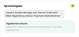 Spracheingabe in conmeet: gesprochener Tagesbericht mit sechs Stunden Montage, Therme 25 kW, vier Metern Abgasleitung und Pauschale Inbetriebnahme, von der KI als Tagesbericht erkannt