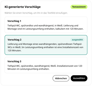 Textassistent in conmeet: drei KI-generierte Vorschläge für einen Positionstext zu einem wandhängenden, spülrandlosen Tiefspül-WC, Vorschlag 2 ausgewählt