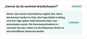 Kommentar „Kannst du da nochmal draufschauen?“ in conmeet mit der Erklärung, dass die Kommentarfunktion die Diskussion direkt an den betroffenen Datensatz bindet