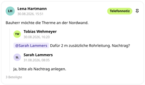 Kommentar-Thread in conmeet: Telefonnotiz zur Therme an der Nordwand, Rückfrage mit @-Erwähnung zum Nachtrag und Antwort von Sarah Lammers, drei Beteiligte