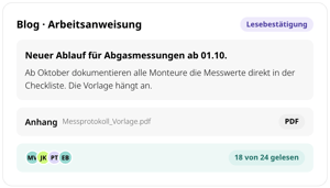 Blogbeitrag als Arbeitsanweisung in conmeet: neuer Ablauf für Abgasmessungen ab 01.10. mit Messprotokoll-Vorlage als PDF-Anhang, 18 von 24 Mitarbeitenden haben ihn gelesen
