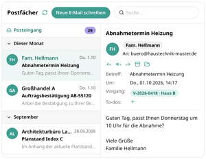 Postfächer in conmeet: Posteingang mit 29 E-Mails, geöffnete Mail von Familie Hellmann zum Abnahmetermin Heizung, zugeordnet dem Vorgang V-2026-0418 Haus B