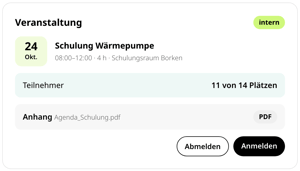 Veranstaltung in conmeet: Schulung Wärmepumpe am 24. Oktober von 08:00 bis 12:00 Uhr im Schulungsraum Borken, 11 von 14 Plätzen belegt, Agenda als Anhang, Buttons zum An- und Abmelden