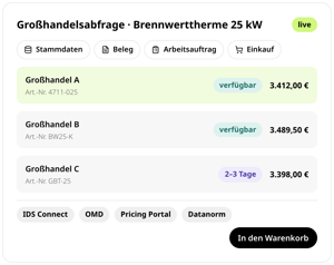 Großhandelsabfrage für eine Brennwerttherme 25 kW in conmeet: Preise und Verfügbarkeit von drei Großhändlern im Vergleich, Abfrage aus Stammdaten, Beleg, Arbeitsauftrag oder Einkauf über IDS Connect, OMD, Pricing Portal und Datanorm