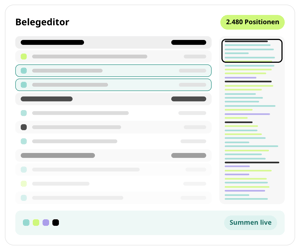 Belegeditor in conmeet: Beleg mit 2.480 Positionen und live berechneten Summen