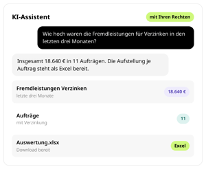 KI-Assistent in conmeet: Frage nach den Fremdleistungen für Verzinken der letzten drei Monate, Antwort 18.640 € in 11 Aufträgen, Auswertung als Excel zum Download