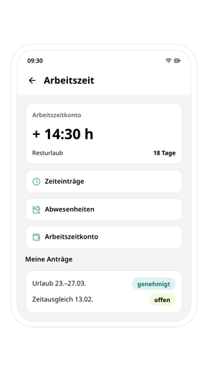 Arbeitszeit in der conmeet App: Arbeitszeitkonto mit plus 14:30 Stunden, 18 Tage Resturlaub und Anträge für Urlaub (genehmigt) und Zeitausgleich (offen)