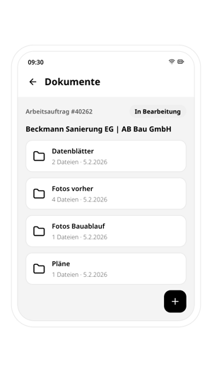 Dokumente zum Arbeitsauftrag #40262 in der conmeet App: Ordner Datenblätter, Fotos vorher, Fotos Bauablauf und Pläne mit Button zum Hochladen