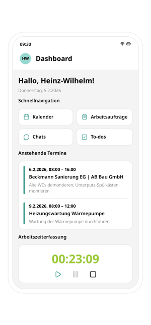 Dashboard der conmeet App auf dem Smartphone: Begrüßung von Heinz-Wilhelm, Schnellnavigation zu Kalender, Arbeitsaufträgen, Chats und To-dos, anstehende Termine bei Beckmann Sanierung EG und laufende Arbeitszeiterfassung
