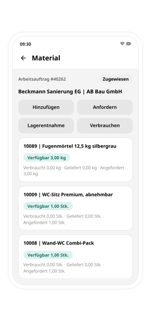 Material zum Arbeitsauftrag #40262 in der conmeet App: Hinzufügen, Anfordern, Lagerentnahme und Verbrauchen sowie verfügbare Mengen für Fugenmörtel, WC-Sitz und Wand-WC