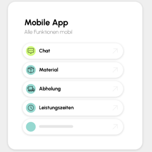 Illustration: conmeet Mobile App mit Chat, Material, Abholung und Leistungszeiten – alle Funktionen mobil