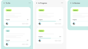 Screenshot: conmeet Kanban-Board mit Aufgaben in den Spalten To Do, In Progress und In Review – Projektübersicht auf einen Blick