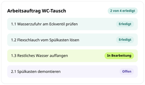 Checkliste zum Arbeitsauftrag WC-Tausch in conmeet: zwei von vier Punkten erledigt, Restwasser auffangen in Bearbeitung, Spülkasten demontieren offen