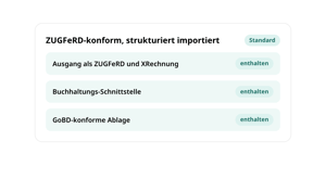 eRechnung in conmeet: ZUGFeRD-konform, strukturiert importiert, Standard mit Ausgang als ZUGFeRD und XRechnung, Buchhaltungs-Schnittstelle und GoBD-konformer Ablage, jeweils enthalten