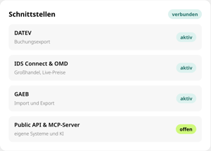 Verbundene Schnittstellen in conmeet: DATEV, IDS Connect und OMD sowie GAEB aktiv, Public API und MCP-Server offen