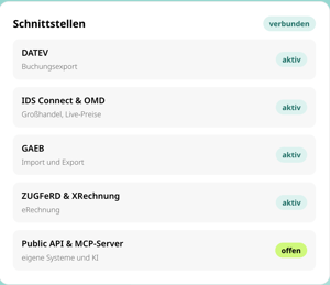 Schnittstellen-Übersicht in conmeet: DATEV, IDS Connect und OMD, GAEB sowie ZUGFeRD und XRechnung aktiv, Public API und MCP-Server offen