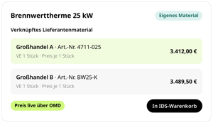 Brennwerttherme 25 kW als eigenes Material in conmeet, verknüpft mit Lieferantenmaterial von Großhandel A und B inklusive Artikelnummer, Verpackungseinheit und Preis, Hinweise Preis live über OMD und In IDS-Warenkorb