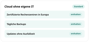 Cloud ohne eigene IT mit conmeet: zertifizierte Rechenzentren in Europa, tägliche Backups und Updates ohne Ausfallzeit, im Standard enthalten