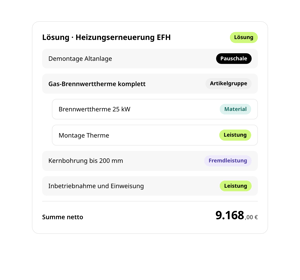 Lösung Heizungserneuerung EFH aus Pauschale, Artikelgruppe, Material, Leistung und Fremdleistung mit Summe netto