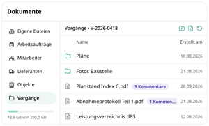 Dokumentenablage in conmeet zum Vorgang V-2026-0418: Ordner Pläne und Fotos Baustelle, Planstand Index C mit drei Kommentaren, Abnahmeprotokoll und Leistungsverzeichnis