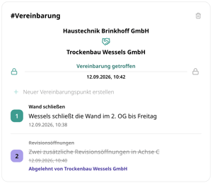 Digitale Vereinbarung zwischen Haustechnik Brinkhoff GmbH und Trockenbau Wessels GmbH in conmeet, getroffen am 12.09.2026 um 10:42: Punkt Wand schließen angenommen, Punkt Revisionsöffnungen abgelehnt