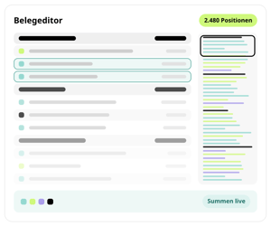 Belegeditor in conmeet: Beleg mit 2.480 Positionen, Gruppen und Unterpositionen, Mini-Übersicht rechts und live berechnete Summen