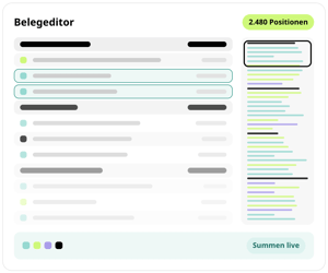 Belegeditor in conmeet mit 2.480 Positionen, Zwischensummen, Positionsliste und Mini-Übersicht, Summen live