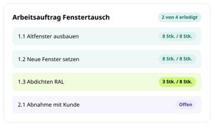 Arbeitsauftrag Fenstertausch in conmeet: Checkliste mit Altfenster ausbauen, Neue Fenster setzen, Abdichten und Abnahme mit Kunde, 2 von 4 erledigt