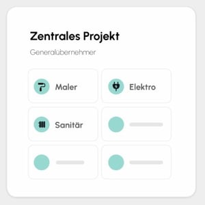 Illustration: Zentrales Projekt eines Generalübernehmers in conmeet mit den beteiligten Gewerken Maler, Elektro und Sanitär