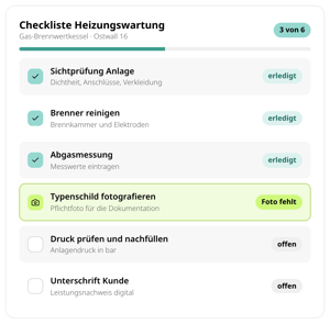 Checkliste Heizungswartung in der conmeet App für einen Gas-Brennwertkessel am Ostwall 16: drei von sechs Punkten erledigt, Pflichtfoto Typenschild fehlt, Anlagendruck und Kundenunterschrift offen